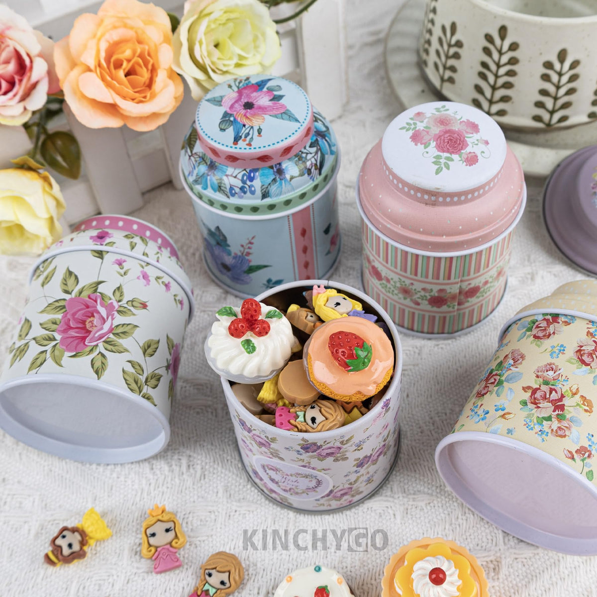 KINCHYGO, 6 Pack Mini Tin Box Floral Tinplate Empty Tins Canister Containers for Jewelry Storage Case