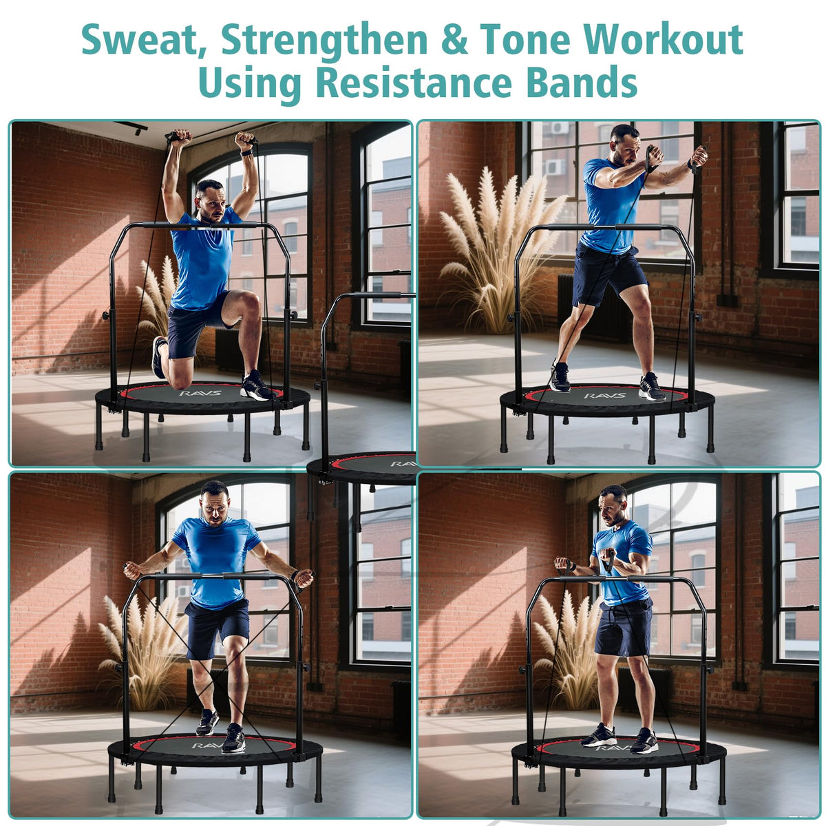 RAVS Mini Trampoline for Kids Adults 40"/48" Foldable Fitness Rebounder Kids Trampoline with 5 Levels Height Adjustable Handle Resistance Bands Indoor Workout