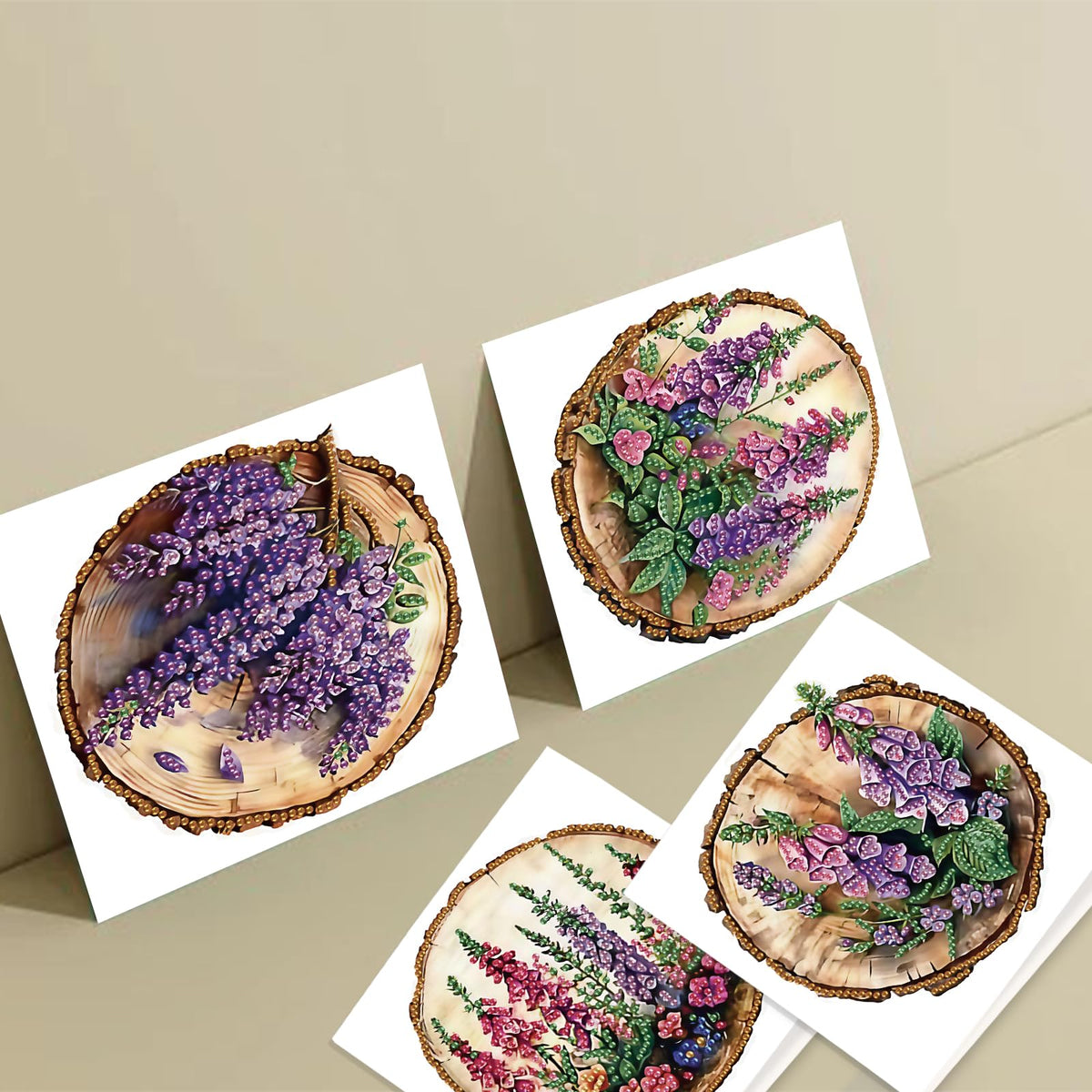 SHEGZHUC 6 Pack Diamond Painting Gift Card Lilacs Tree Stump, Diamond Art Kits for Adults Flowers Purple, Birthday Wedding Anniversary Greeting Get Well Congratulations Thank You Cards with Envelopes