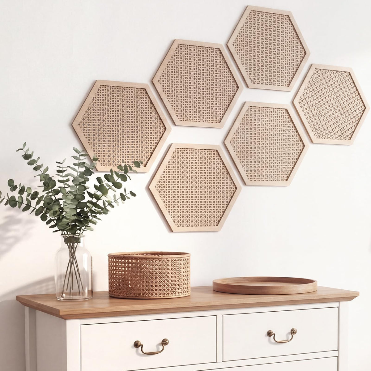 Ripeng 6 Pcs Honey Comb Decorations 11.8 Inch Hexagon Wall Decor Farmhouse Wood Earthy Hexagon Wall Panels Modern Hollow Carved Design Rustic Abstract Decor for Living Room Kitchen(Hollowed Style)