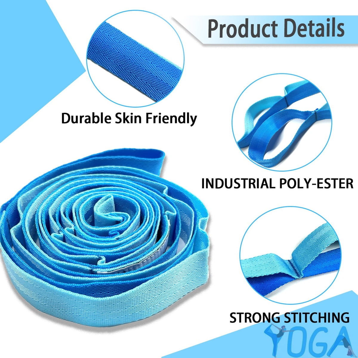 Stretching Strap Yoga Strap with Loops, Stretch Straps for Physical Therapy, Non-Elastic Exercise Strap for Pilates, Dance and Gymnastics with Workout Guide (Blue/Light Blue)