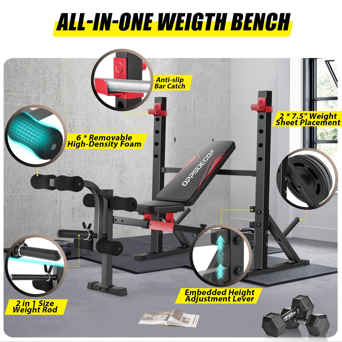 OPPSDECOR 900LBS Weight Bench Set with Squat Rack Foldable Bench Press Set with Leg Extension & Leg Curl Professional Flat/Incline/Decline Workout Bench for Home Gym Full Body Exercise