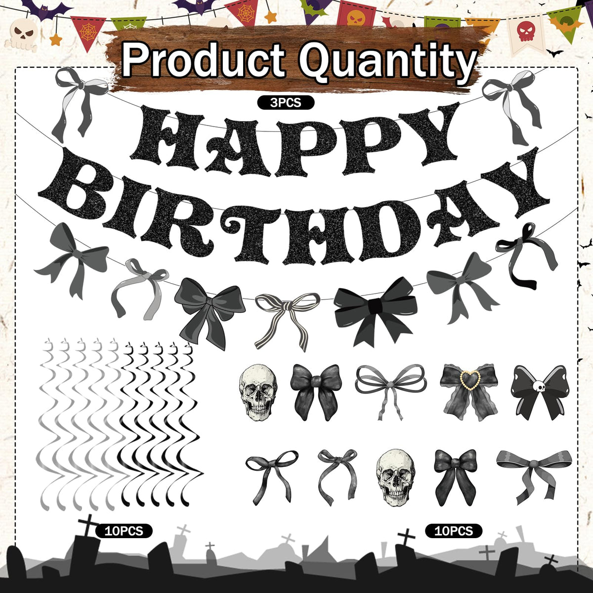 Lovarywow Black Bow Party Decorations - 13PCS Gothic Birthday Decorations, Skull Skeleton Goth Party Supplies for Girls Women, Black Bow Coquete Happy Birthday Banners Hanging Swirls