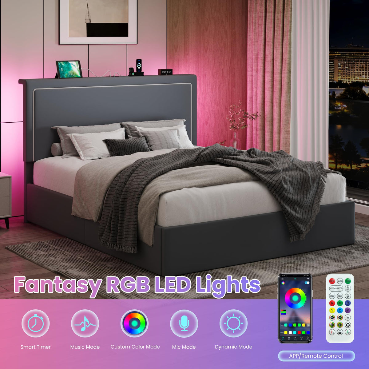 SHA CERLIN Queen Size Hydraulic Lift-Up Storage Platform Bed Frame with Charging Station, RGB LED Lights, Adjustable Velvet Headboard, USB-A and USB-C Ports, No Box Spring Needed, Grey