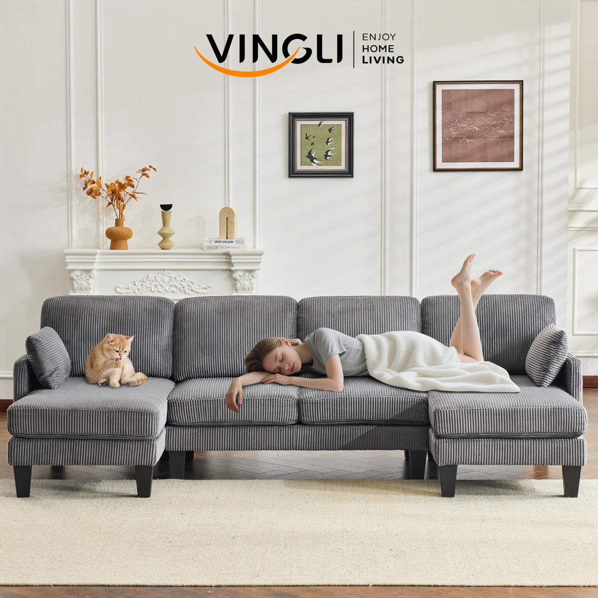 VINGLI 108" W U-Shaped Sectional Couches for Living Room, Sturdy Wooden Armrest Corduroy Cloud Couch with Double Chaise, High Support Modern 4-Seat Sectional Sofa for Apartment, Offices, Dark Grey