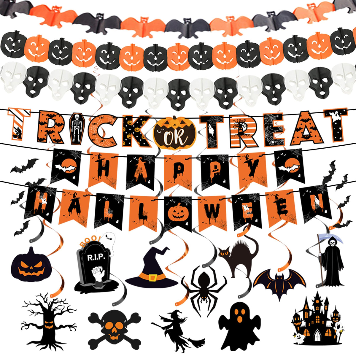 18 Pcs Halloween Party Decorations, Reusable Halloween Decor Indoor, Decorations Kit Included Happy Halloween Banner, Trick or Treat Banner, Ghost Pumpkin Ceiling Hanging Swirls Streamers