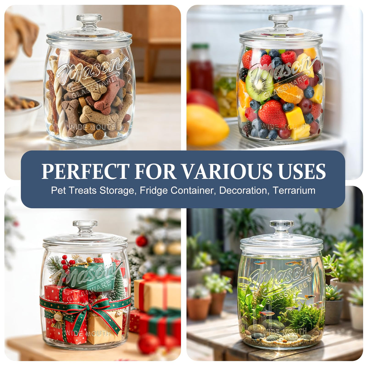 2 Pack Cookie Jar, 1/2 Gallon Glass Storage Containers with Airtight Lids, Wide Mouth Food Jars & Canisters for Kitchen, Pantry, Apothecary, Flour, Sugar, Sourdough Starter, Dog Treat, Half Gallon