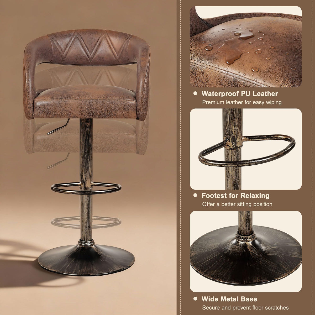 VECELO Bar Stools Set of 4 Adjustable Swivel Modern Pu Leather Barstools, Counter Bar Stools with Back and Arms, for Kitchen, Bar (Dark Brown)