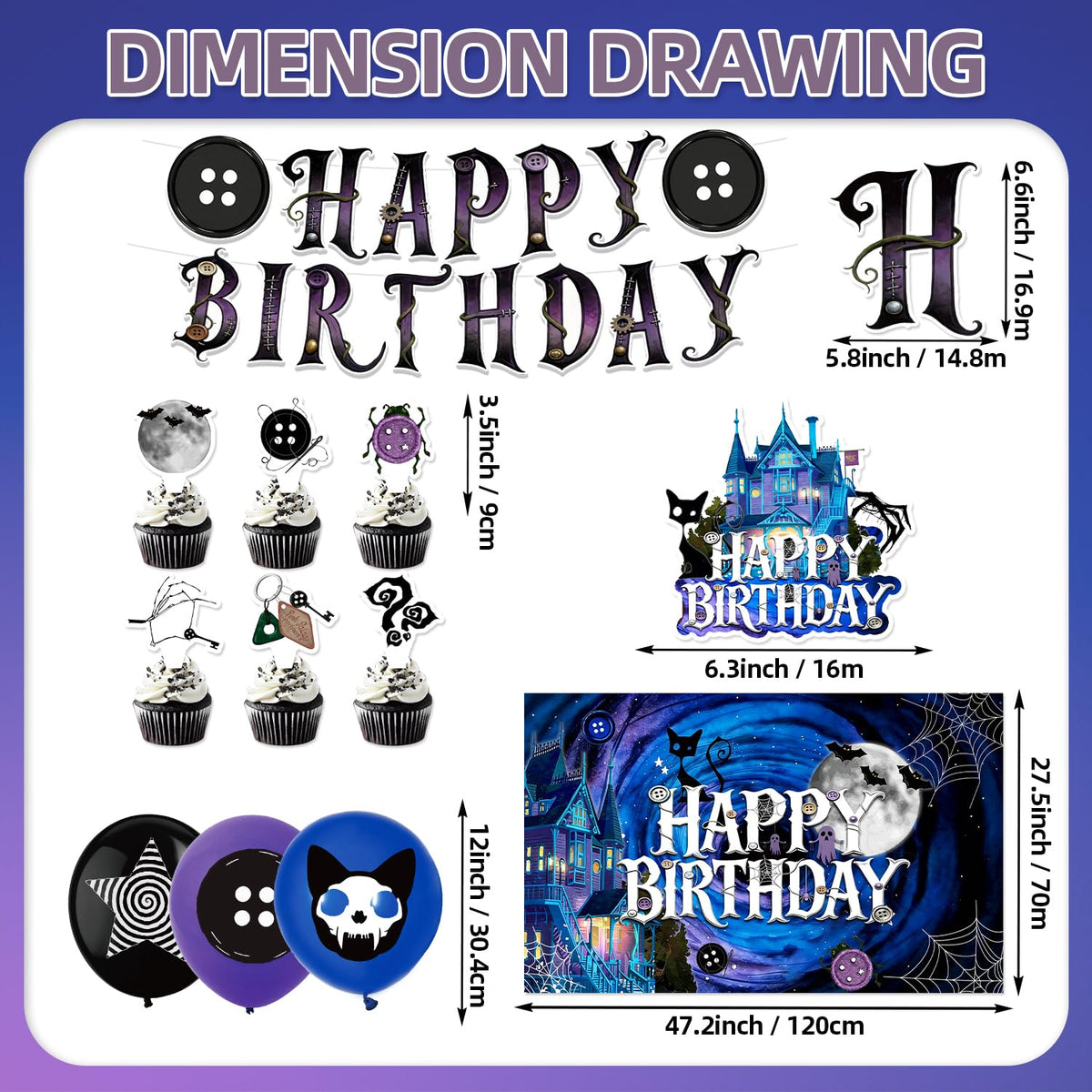42Pcs Horror Movie Button Eyes Birthday Party Decorations Include Cake Topper Cupcake Toppers Horror Movie Happy Birthday Party Flag Banner and Balloons Backdrog