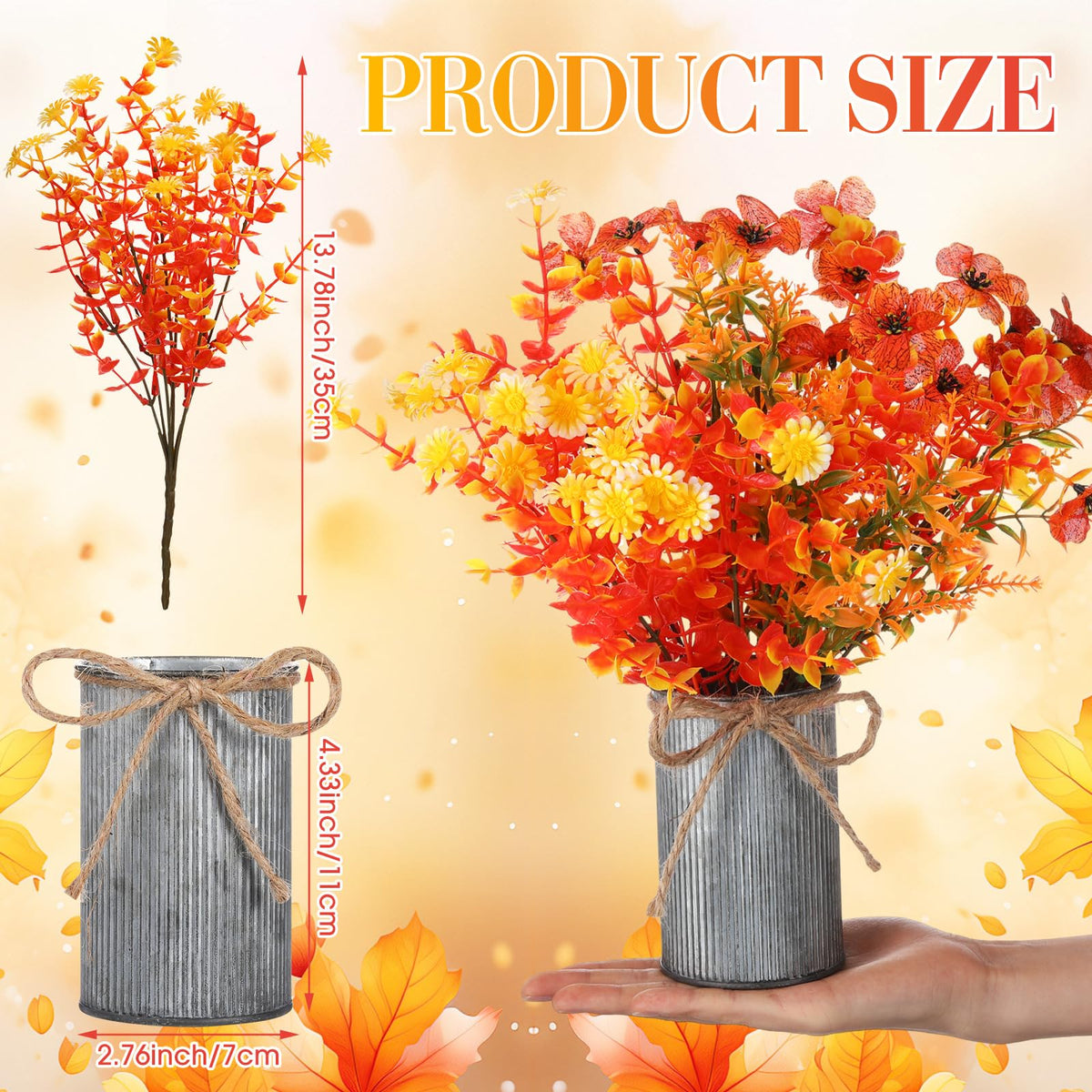 Zeyune 6 Sets Artificial Fall Thanksgiving Centerpiece for Tables Faux Fall Plants with Galvanized Pots Farmhouse Artificial Orange Autumn Flowers Bouquet for Wedding Home Office Rustic Decor