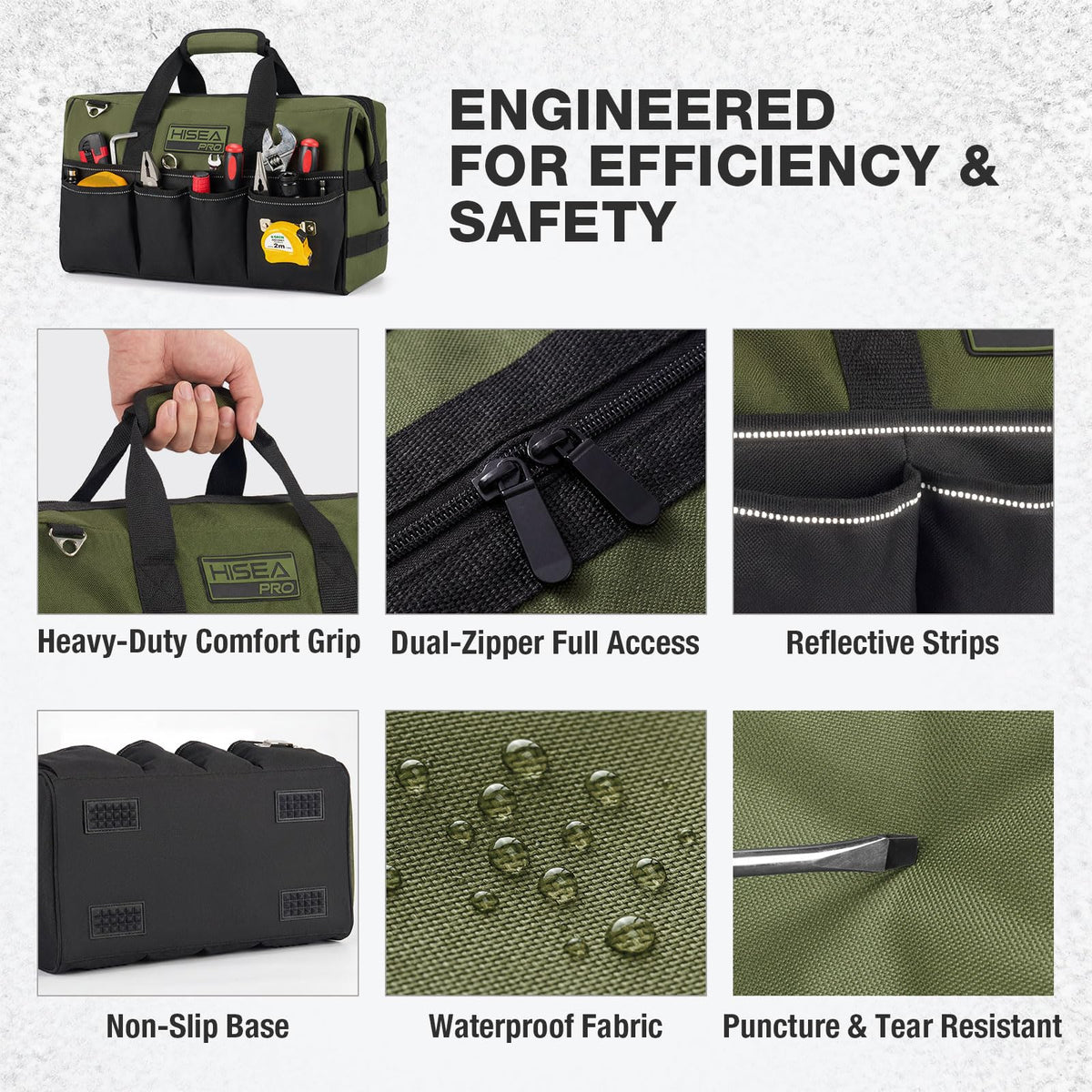 HISEA Heavy Duty Tool Bag 20 Pockets, 16-Inch Portable Tool Box Organizer, 600D Waterproof Wide Mouth Large Storage Toolbag for Electrician, Tradesman with Adjustable Shoulder Strap