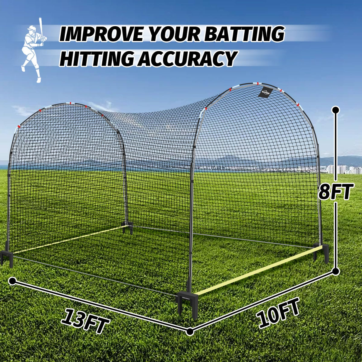 Kapler Baseball Batting Cage Net - 13ft x 10ft x 8ft Secure Steel Frame and Heavy Duty 4 Ground Stakes - Solo or Team Training for Backyard Field Outdoor Indoor Use