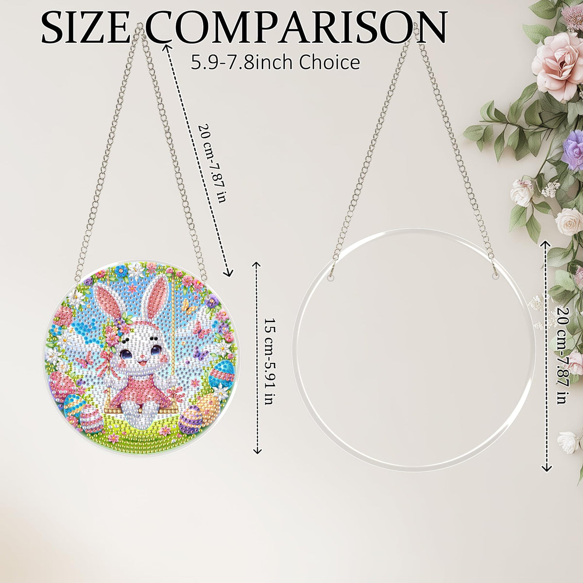 Eiflow Glass Diamond Art Kit Hanging Ornament, DIY Stained Glass Diamonds Painting Hanging Board Kit, Crystal Diamond Art Painting Easter Pendant Full Drill (Swing Bunny)