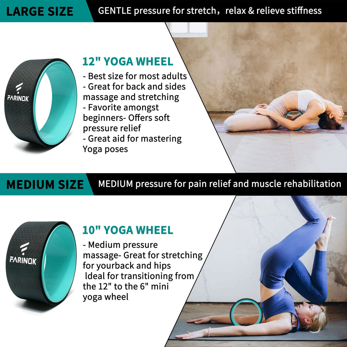 Yoga Wheel Set of 3+1, Upgraded 10MM Thick Back Wheels for Pain Relief & Stretching, Strongest Back Roller for Deep Tissue Massage, Improving Yoga Poses Backbend