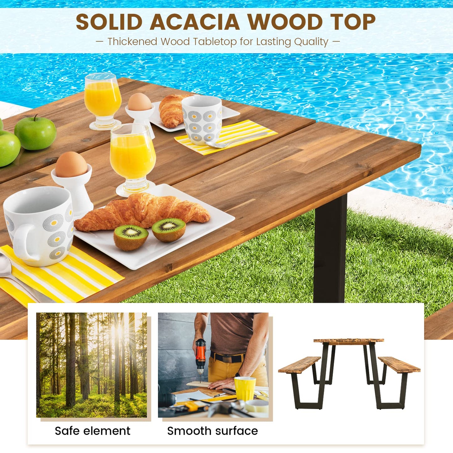 Tangkula Patented Wooden Picnic Table, Outdoor Acacia Wood Picnic Table with 2 Built-in Benches, Umbrella Hole, Steel Frame, Outside Table and Bench Set for Garden, Backyard, Porch, Patio