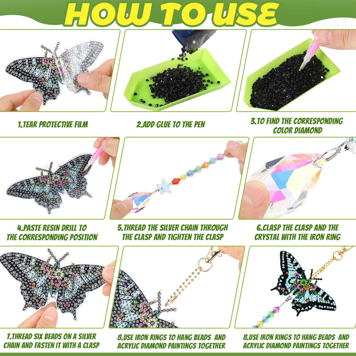Tradder 6 Pcs Butterfly Diamond Art Wind Chimes for Summer Tree Decoration Diamond Art Kit with Crystal Pendant Make Your Own Keychains 5d DIY Home Garden Hanging Ornament