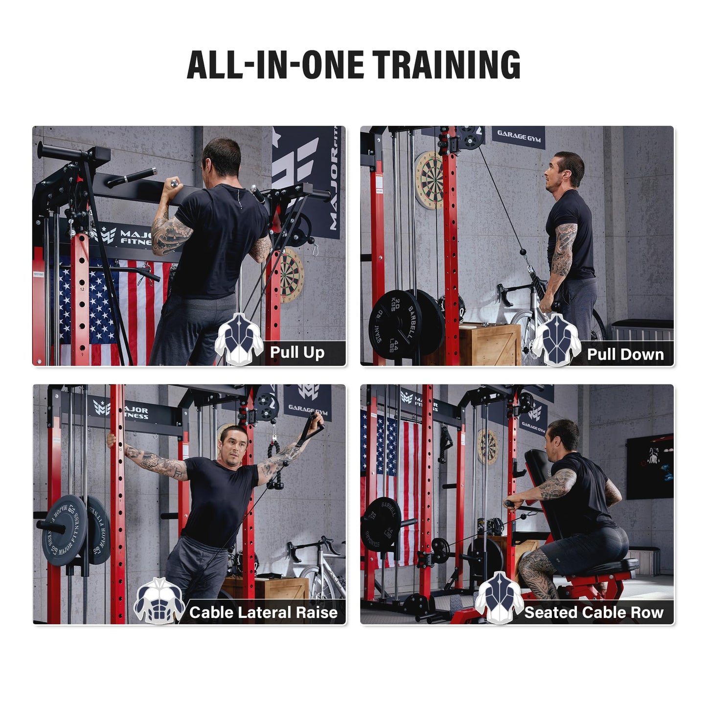 MAJOR FITNESS F22 Power Rack, 1600lbs All-in-One Squat Rack with Cable Crossover, Dual Pulley System, Heavy-Duty Steel Frame, Attachments & Storage for Home Gym Strength Training, Khaki