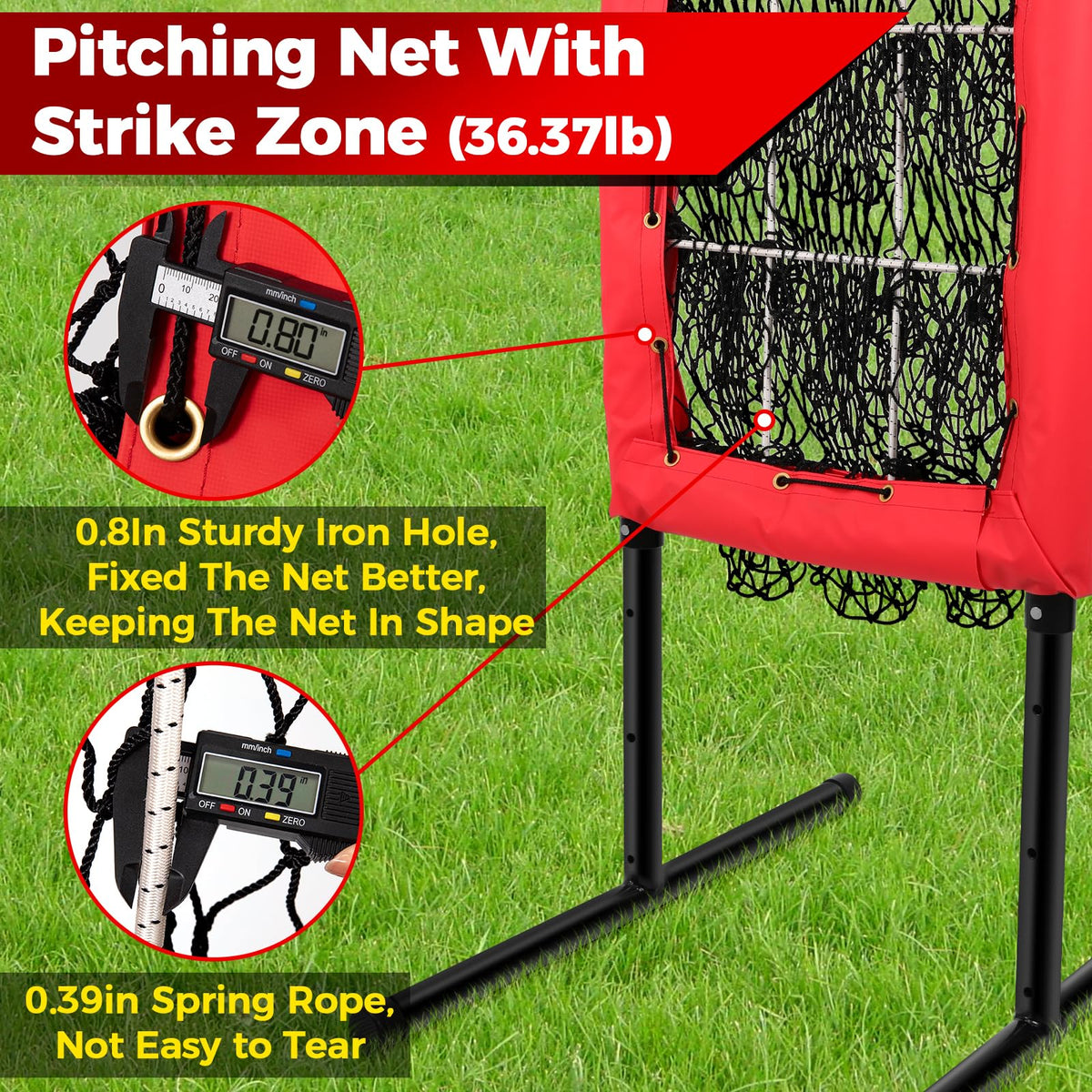 Heavy Duty 9 Hole Pitching Net with Strike Zone,9 Pocket Pitching Target Net of 4 Adjustable Heights (36-53in),Softball Pitching Net Fix by 8xspikes and 2xsandbags, Pitching Target Net for All Age