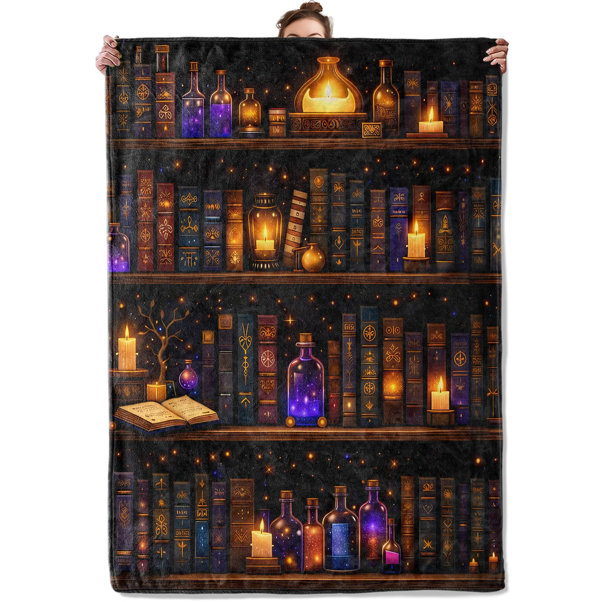 TRYYN Magic Book Flannel Throw Blanket Potion Bottle Candle and Bookshelf Pattern Dark Fantasy Decor for Dreamy Lovers Cozy Lightweight Fleece Blankets Bedroom Reading Nook Gifts, 50x60inch