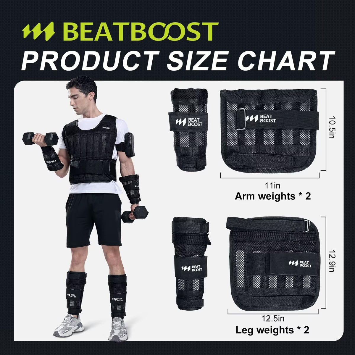 BeatBoost Ankle Wrist Weights 10lb Adjustable Leg Arm Weights for Men Walking Pilates Exercise Workout Gym Aerobics