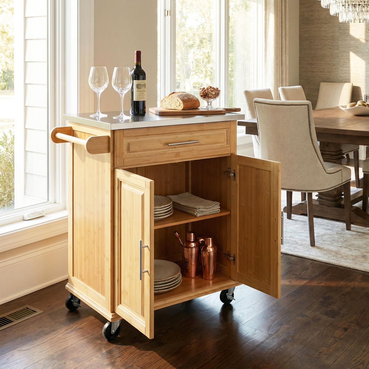 Christopher Knight Home ZAH Bamboo Rolling Cart with Drawers, Kitchen Bar Cart on Wheels with Stainless Steel Top, Mobile Rolling Kitchen Cart Storage Cabinet, Serving Cart, 29.13'' x 18.5'', Natural
