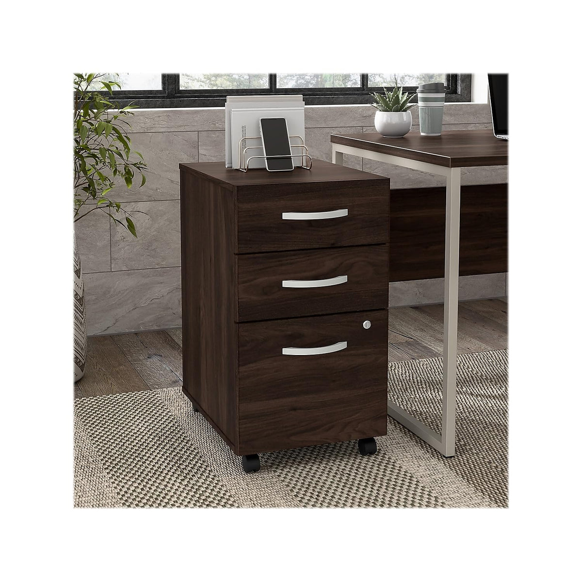 Bush Business Furniture Hybrid 3 Drawer Mobile File Cabinet-Assembled, Black Walnut