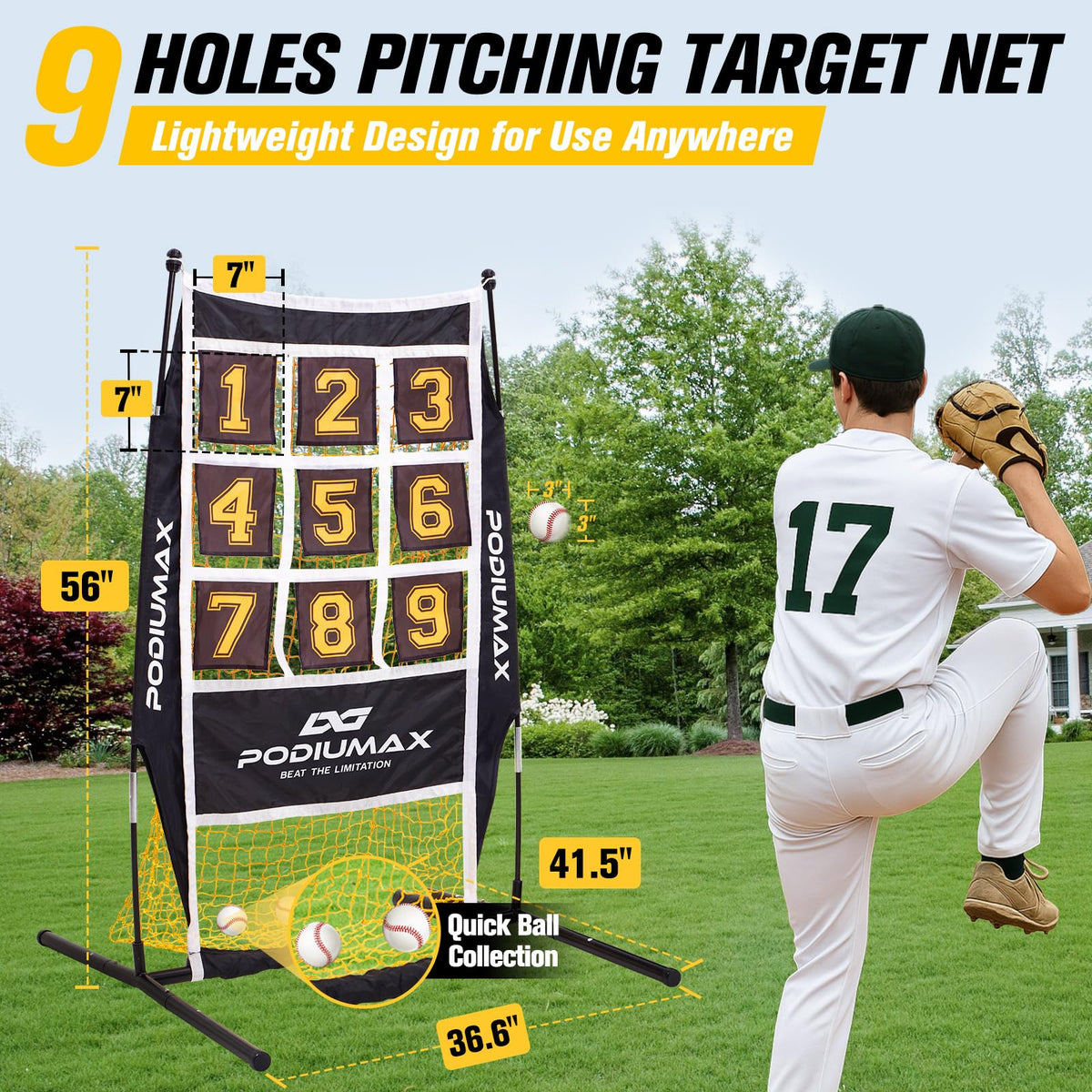 PodiuMax Baseball & Softball Pitching Net, 9 Hole Target Net with Strike Zone, Large Ball Collection System, Solo Practice for Backyard Park Field, Portable Baseball Throwing Trainer with Carry Bag
