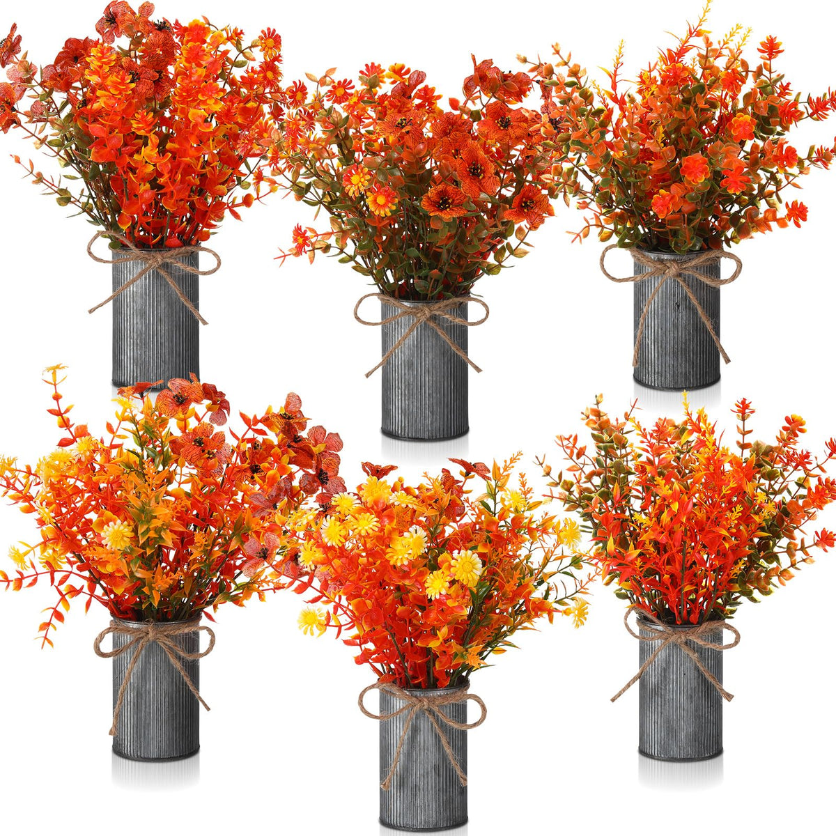 Zeyune 6 Sets Artificial Fall Thanksgiving Centerpiece for Tables Faux Fall Plants with Galvanized Pots Farmhouse Artificial Orange Autumn Flowers Bouquet for Wedding Home Office Rustic Decor