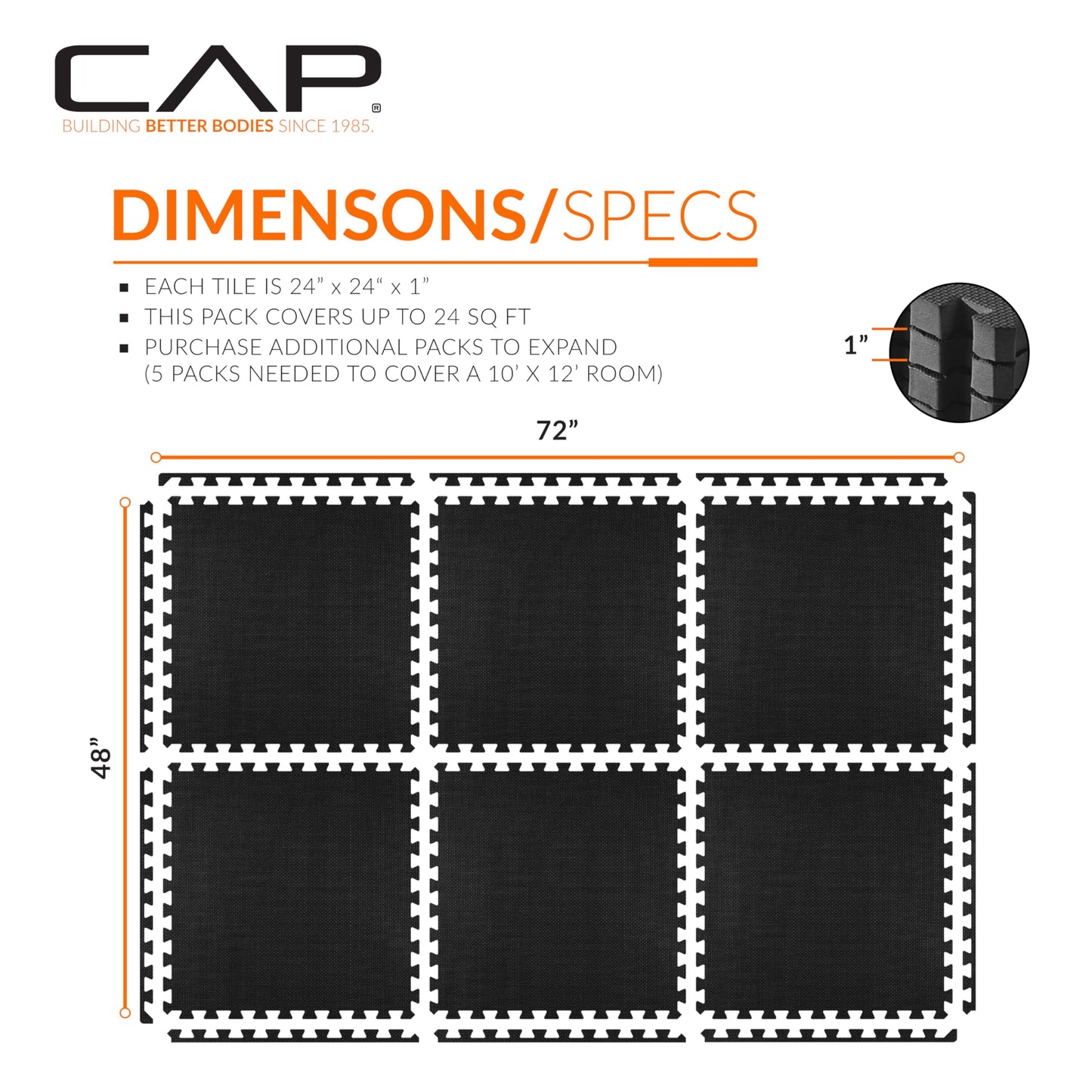 CAP Barbell 1-Inch Interlocking EVA Foam Exercise Puzzle Mat Home Gym Flooring - 1 Pack | 24" x 24" x 1" | T Pattern - Black