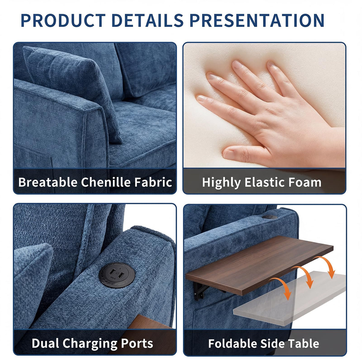 Modular Sectional Couch with Pull Out Sofa Bed, 116" U Shaped Modular Cloud Sofa Set with Ottoman, Charging Port & Foldable Side Table, 7 Seater Comfy Chenille Sleeper Couch for Living Room, Blue