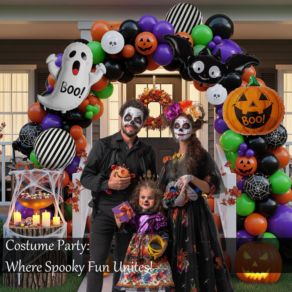 Halloween Decorations with Orange Black Green Purple Balloon Garland Arch & Spider web Bat Ghost Pumpkin Stripes foil Balloons for Horror Night one spooky Trunk or Treat Car Party Boo day Supplies