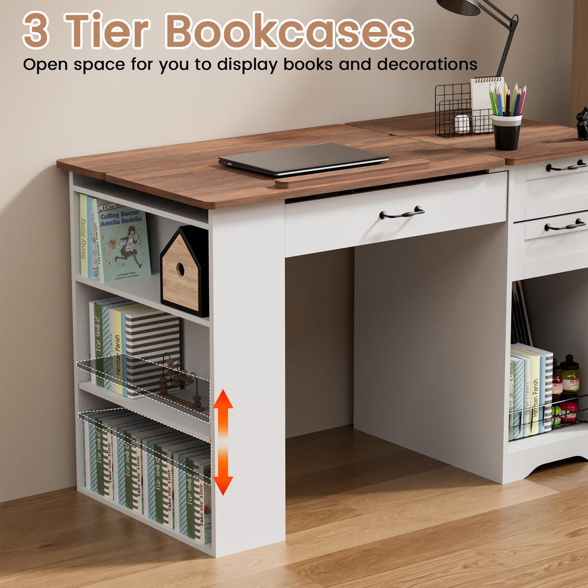 GatherHome Drafting Table with Storage Cabinet & Drawers, Adjustable Drawing Table with Open Shelves, Craft Art Desk for Artists, Painters, Drawing, Crafting, Reading, Writing, Working