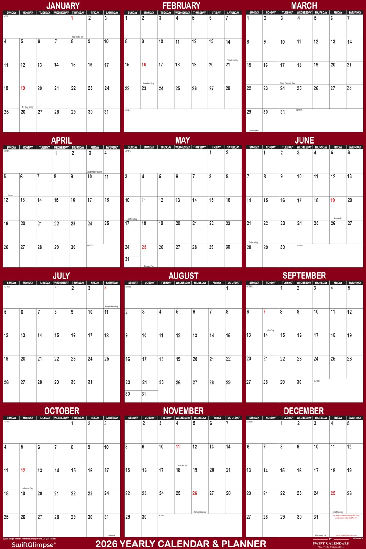 24" x 36" SwiftGlimpse 2026 Wall Calendar Erasable Large Wet & Dry Erase Laminated 12 Month Annual Yearly Wall Planner, Reversible, Horizontal/Vertical, Maroon