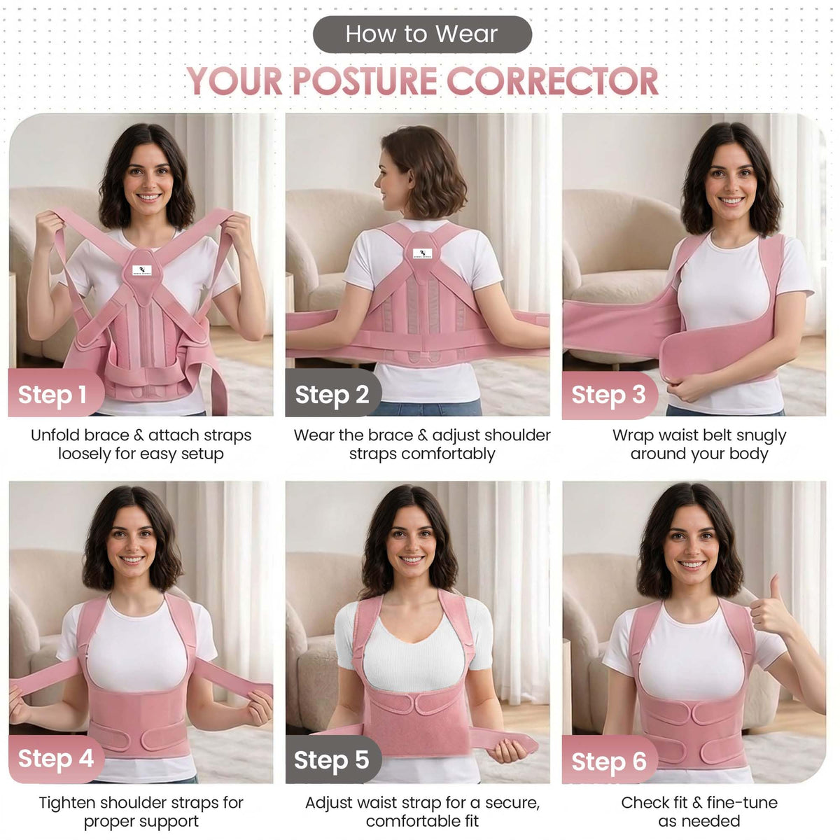 RUKHS SUPPLY Back Posture-Corrector for Men & Women - Back Brace & Adjustable Back Straightener for Shoulder, Upper Back Support & Pain Relief - Pink (Medium)