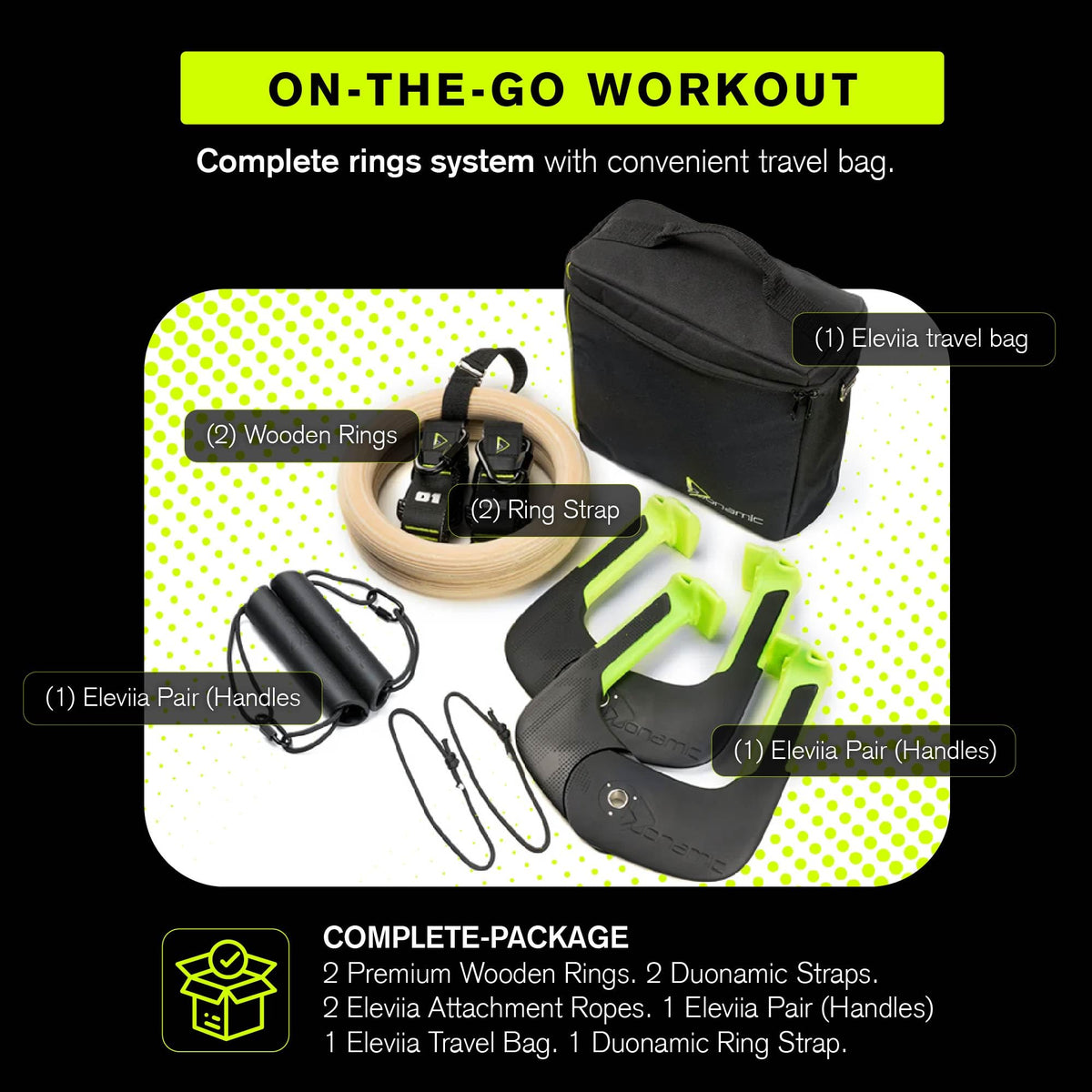 Eleviia Ultimate Pullup Travel Package: 9-Piece Kit Includes The Original Eleviia Doorway Pullup Bar System, Wooden Rings and Travel Straps, and Super Compact Travel Bag