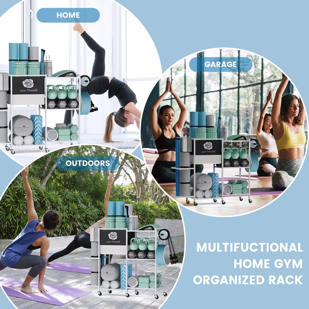 Yoga Mat Storage Rack，Home Gym Storage Rack Gym Workout Equipment Storage Organizeron Wheels for Yoga Mat,Yoga Block,Foam Roller and Workout Accessories (Beige)