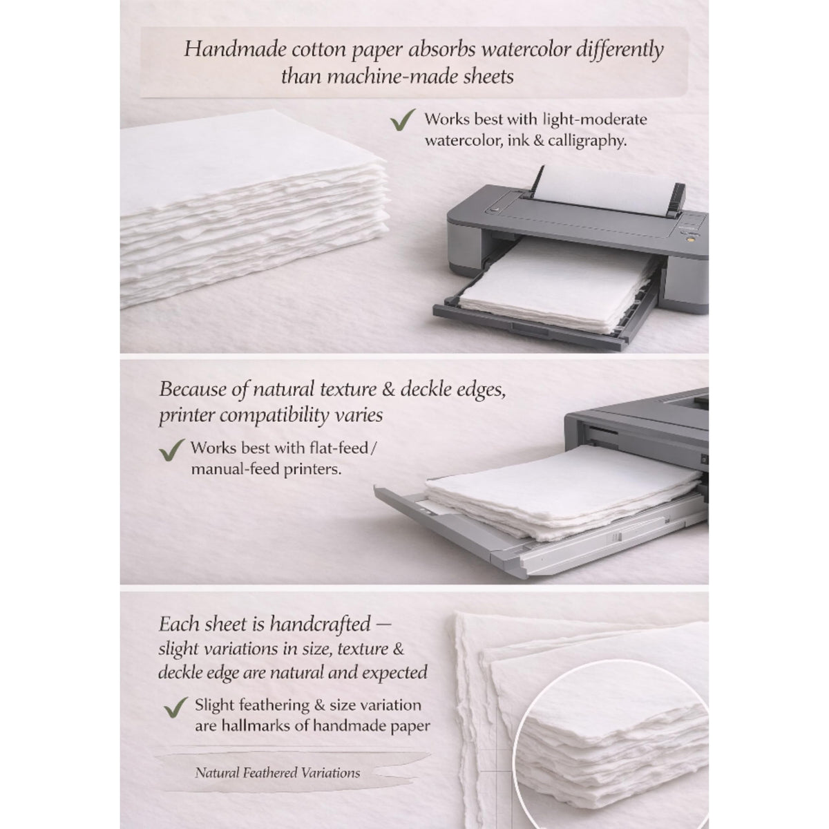 Handmade White Deckle Edge Blank Paper - 5x7 Inch Package of 50 - Mixed Media Loose Leaf Paper for Postcards, Invitations, Crafts and Announcements - Thick 150 GSM