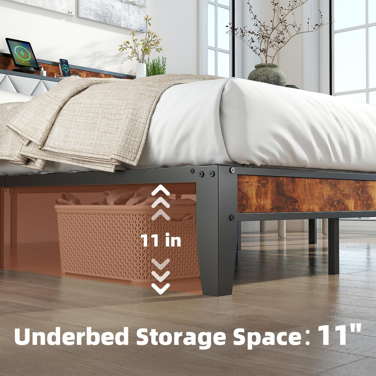 UOCFYK Queen Bed Frame, Platform Bed Frame with Storage Headboard with Charging Station, All Sturdy Metal Support, No Box Spring Needed, Easily Assemble, Grey + Brown