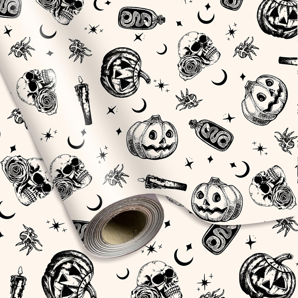 Whaline Halloween Wrapping Paper -Mini Roll- 17 In x 32.8 Ft Beige Black Skull Pumpkin Viper Gift Wrap Paper for Halloween Wrapping Supplies