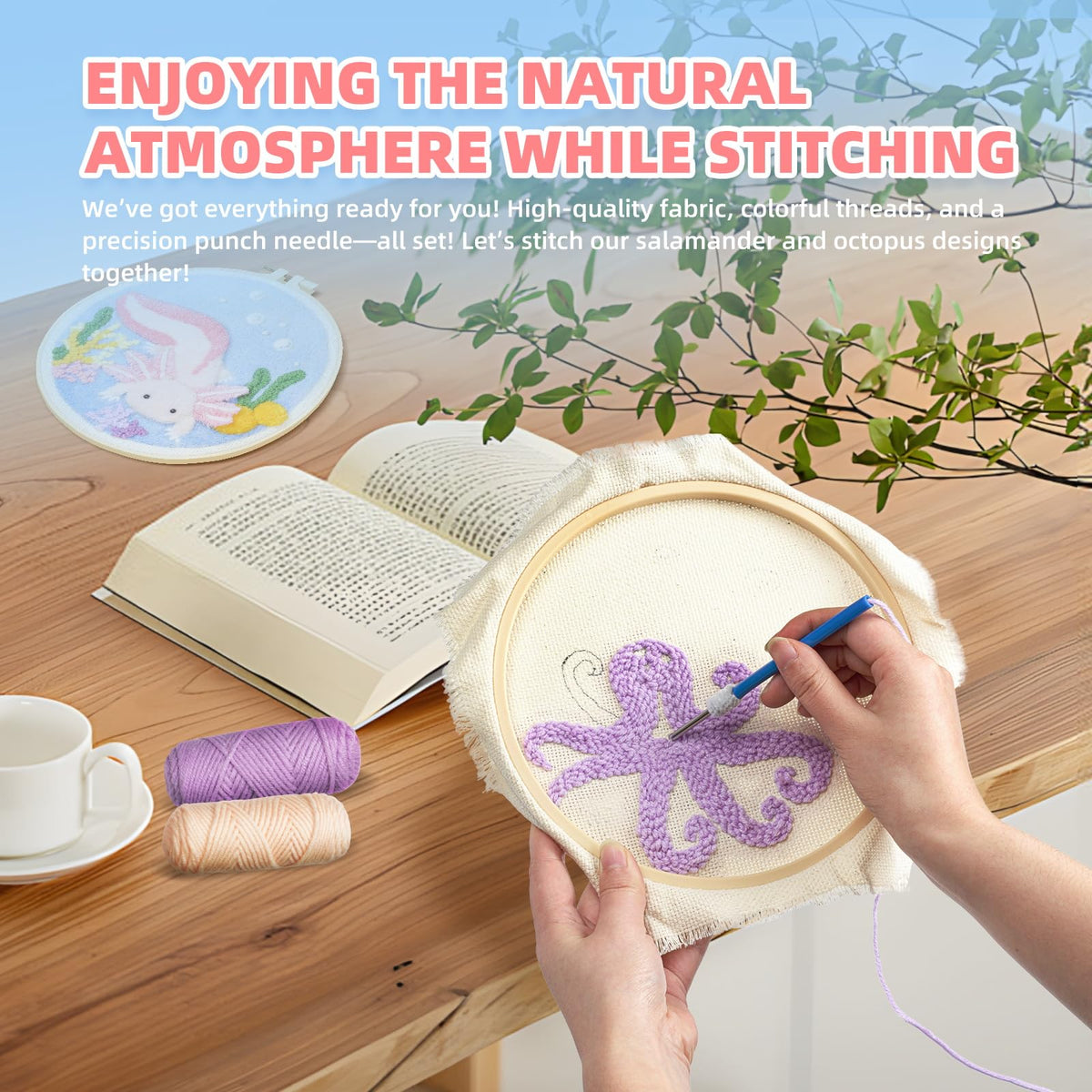 Punch Needle Kits Adults Beginner,Punch Needle kit for Beginners, Embroidery kit for Beginners,Includes All Tools and Materials,Easy to Follow Instructions and Videos-(Axolotl+Octopus)