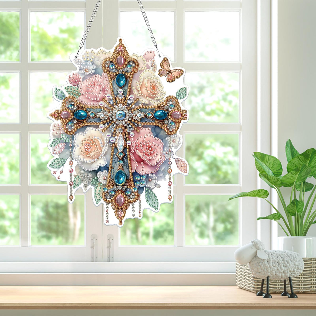 Bowetile Hanging Diamond Art Cross Kits for Adults, 5D Special Shape Diamond Painting Flower Kits, Cross Diamond Gem Art Suncatchers Painting Pendant Ornament for Home Garden Wall Decor