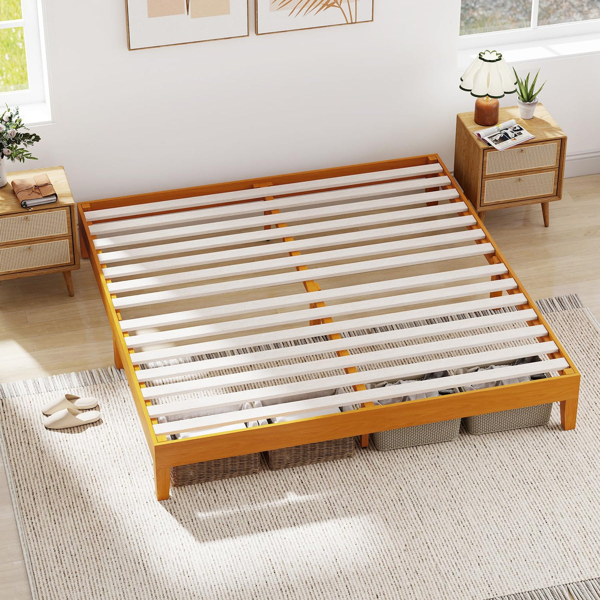 FDW Solid Wood Platform Bed Frame King Size, Wooden Bed Base with Sturdy Slat Support, No Box Spring Needed, Noise-Free Design, Easy Assembly, Stylish & Durable, Brown