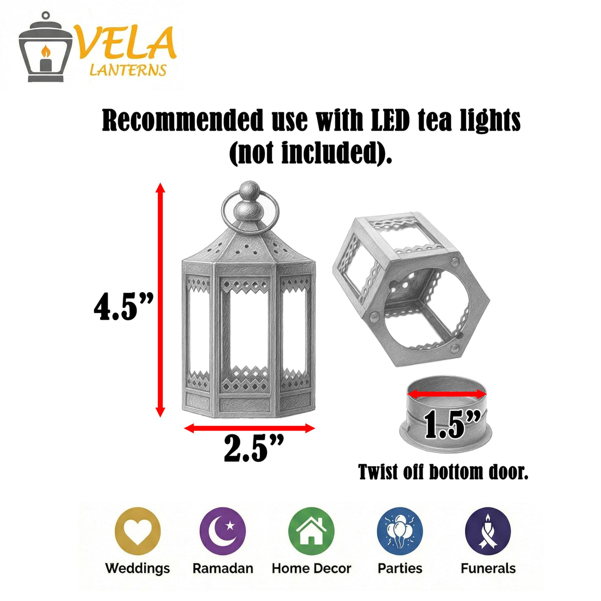 Vela Lanterns Tea Light Candle Holders, Mini Table Centerpieces, Black
