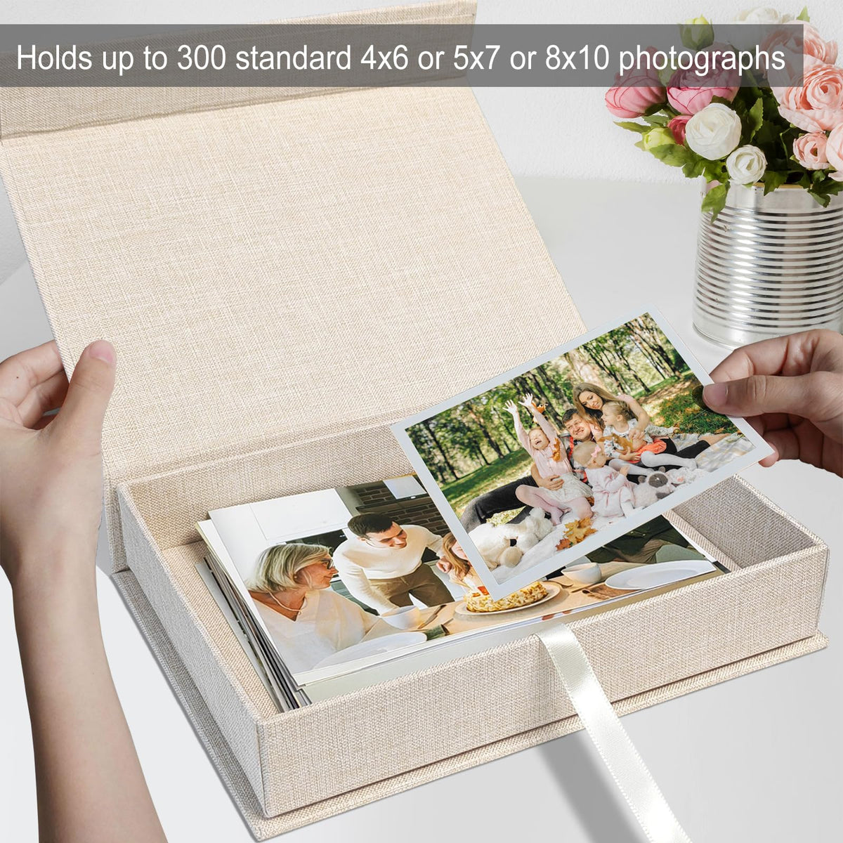 8x10" Archival Photo Storage Box with Lid – Stackable Memory Keepsake Organizer for Photos, Certificates, Jewelry & Scrapbooking Supplies, Photo Cases and Postcard Keeper Storage Container Box Beige