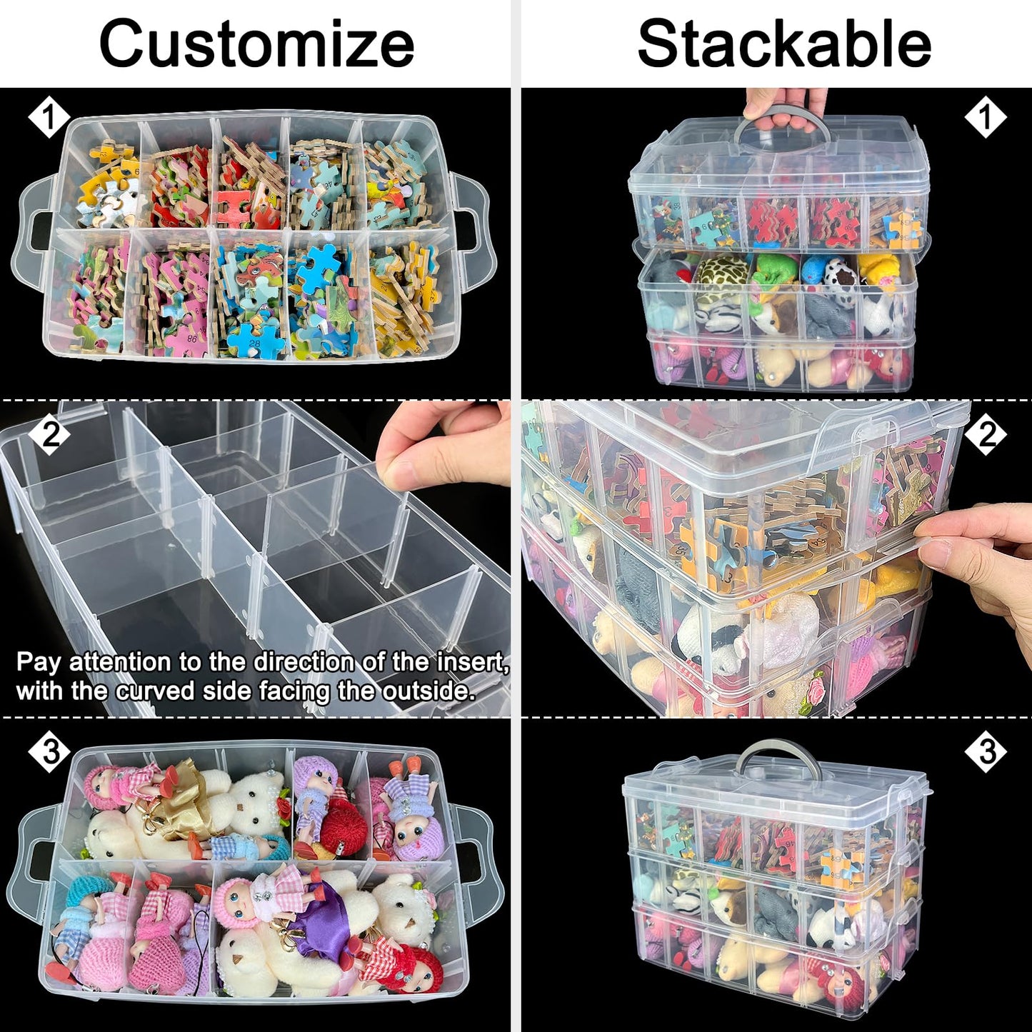 Guyuyii 3-Tier Stackable Bead Organizer with Adjustable Dividers - 30 Compartments Plastic Storage Box for Washi Tape, Lego Pieces, Rock Collection & Sewing Threads - Portable Craft Case with Handle