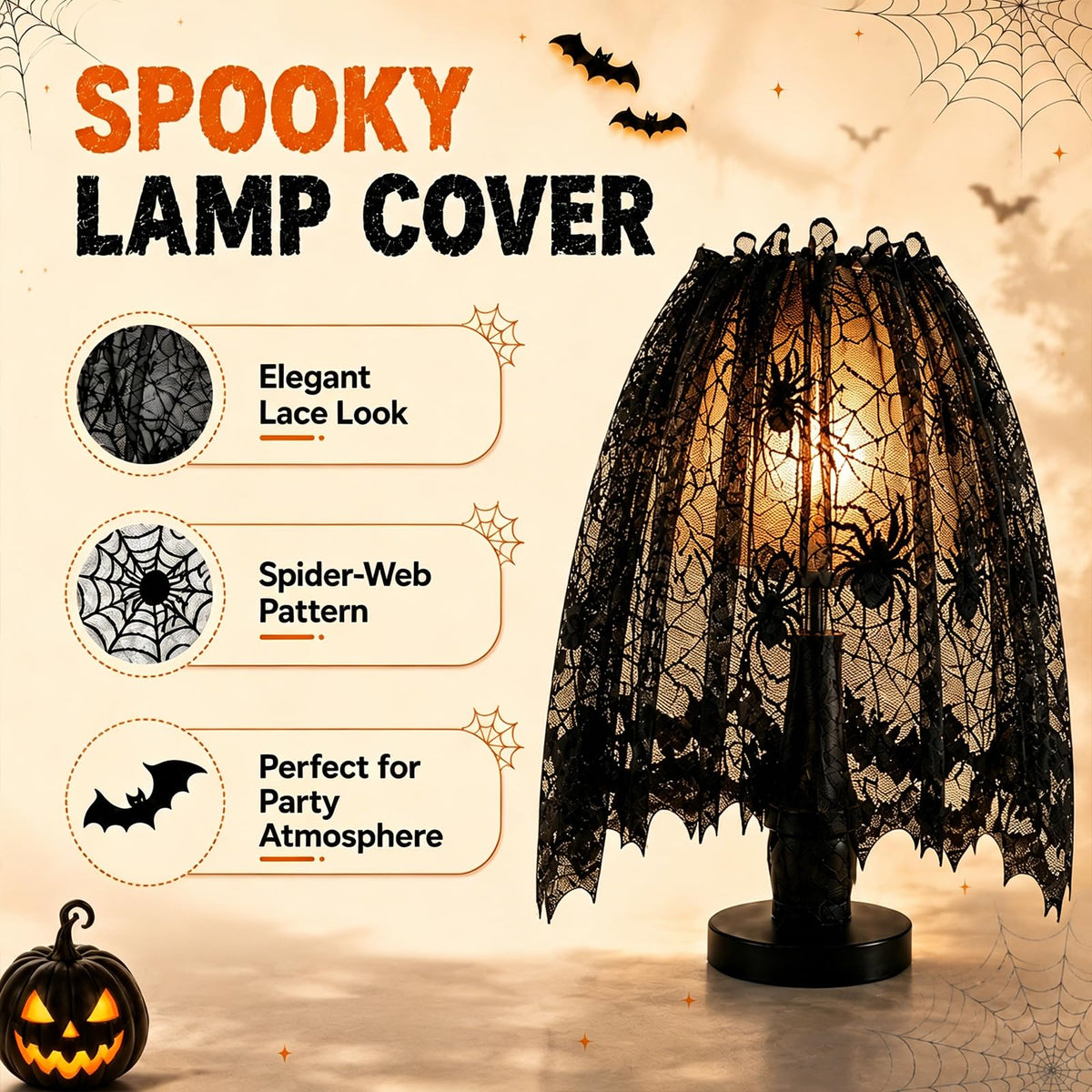 8Pack Halloween Decorations Indoor Halloween Decor, Spider Web Table Cloth/Black Lace Table Runner, Fireplace Mantel Scarf, Cobweb Lampshade with 3D Bat Wall Stickers, Halloween Spooky Home Decor.