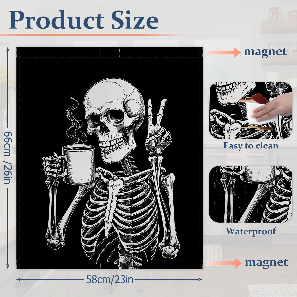 Black Dishwasher Magnet Cover Funny Skeleton Coffee Dishwasher Magnets Decorative Cover for Kitchen, Refrigerator Magnet Decal Panels 23” x 26”