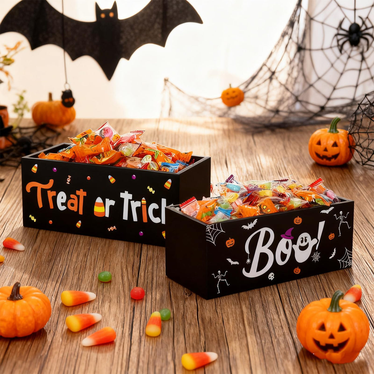 HFYZZ 2 PCS Halloween Candy Bowl Dish Trick or Treat Wooden Serving Bowl Holders Black Corn Spider Web Ghost Candy Serving Dish Tableware for Halloween Table Desk Haunted House Decoration