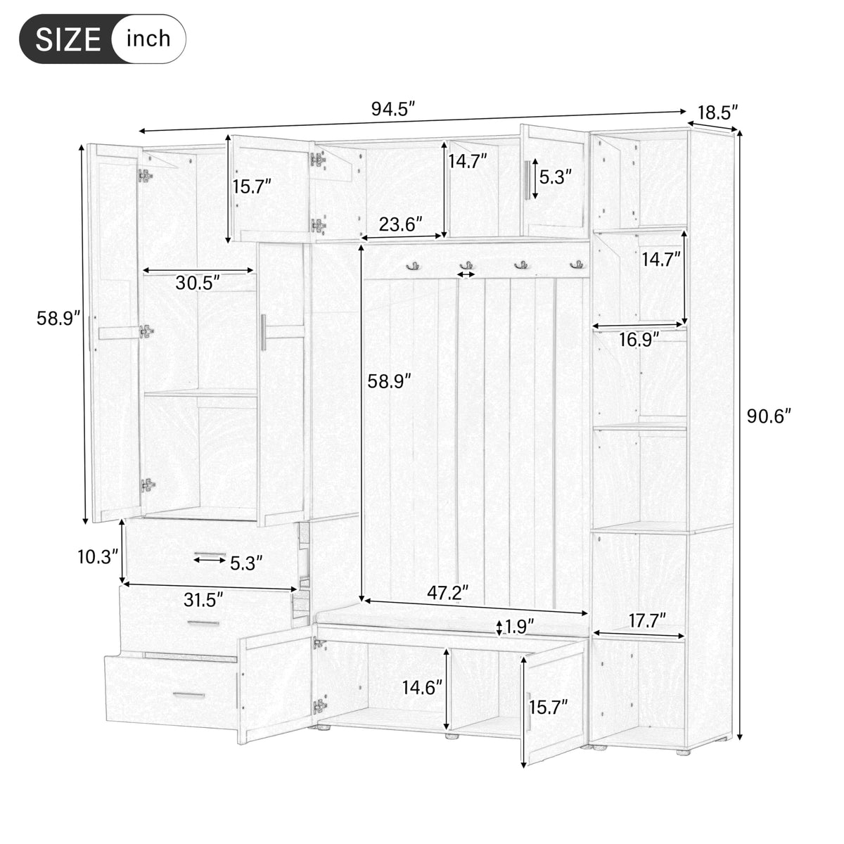 Amposei 94.49’’W Extra Large Hall Tree Cabinet with 6 Doors & 3 Drawers, Tall Entryway Organizer Shoe Storage Bench with 4 Coat Hooks & 6 Open Cubbies for Hallway Mudroom Living Room, Black