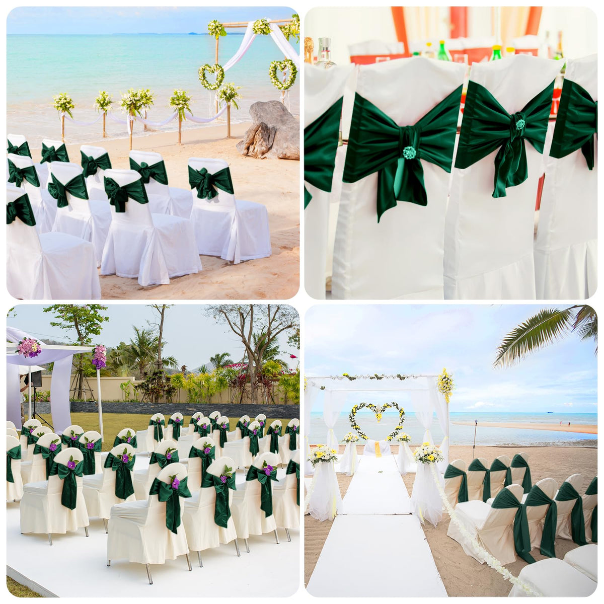 Bouiexye 10 PCS Forest Green Satin Chair Sashes Bows Universal Chair Ribbon Ties Back Sash for Wedding Party Reception Events Banquets Hotel Event Chair Cover Decoration (7x108 inch)